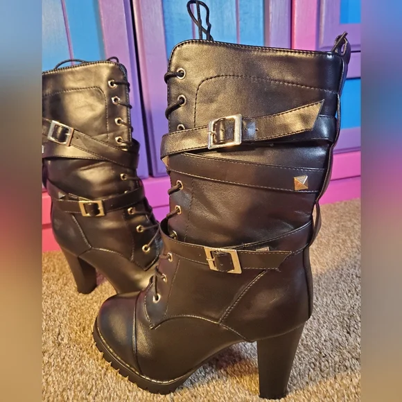 Hot Black Leather Boots Side Zip Buckle Strap Chunky High Heel with Studs Size 8 - Picture 9 of 13